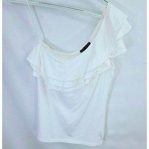 Ralph Lauren Black Label Medium One Shoulder White Ruffles Tank Top